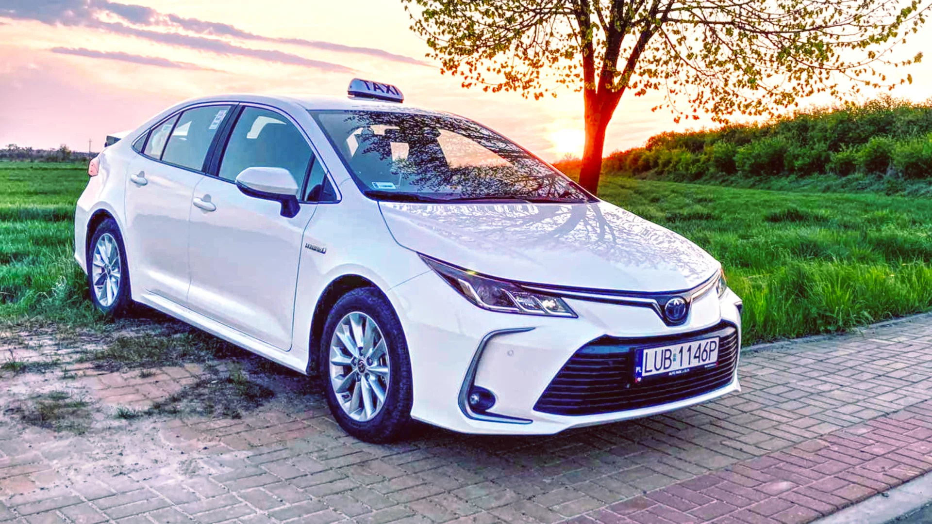 Toyota Corolla Hybrid na taxi o zachodzie słońca - wynajem aut IRIE Work Lublin